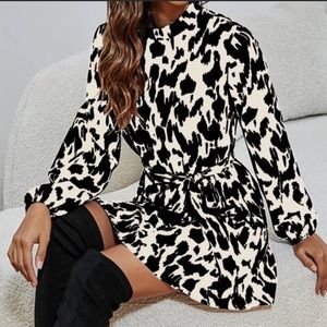 Leopard Print Long Sleeve Belted Midi Dress